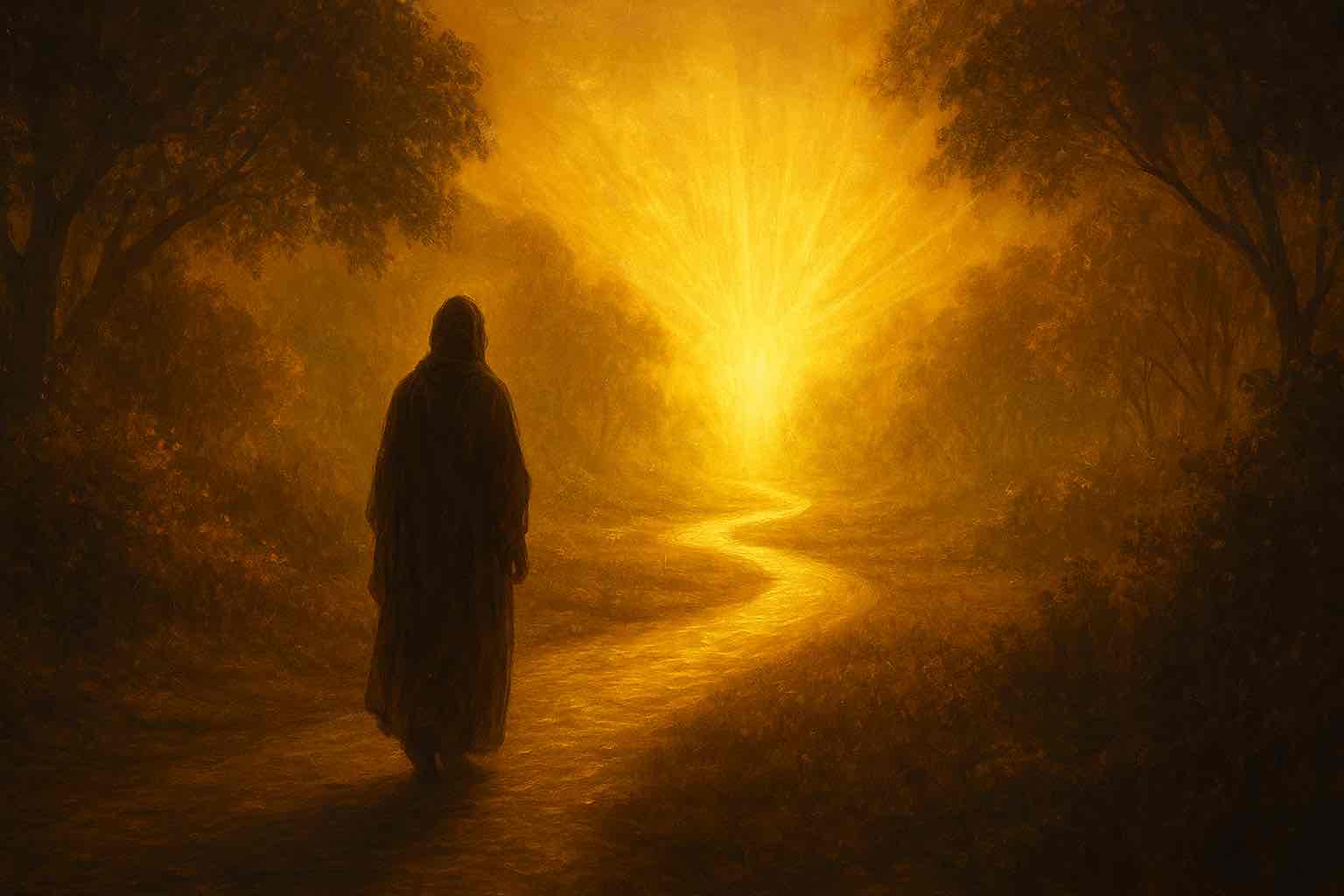 Ilustrasi seorang peziarah spiritual berjalan menuju cahaya keemasan di taman surgawi, simbol perjalanan ruhani menuju makrifat dan cinta Allah.